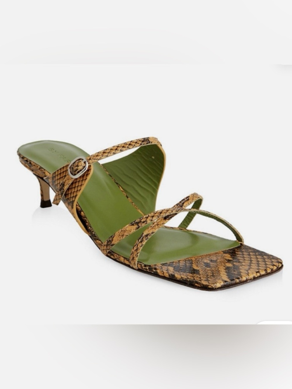 🐍BY FAR Candy Snakeskin Square Toe Heels Yellow Green EU 37 US 7